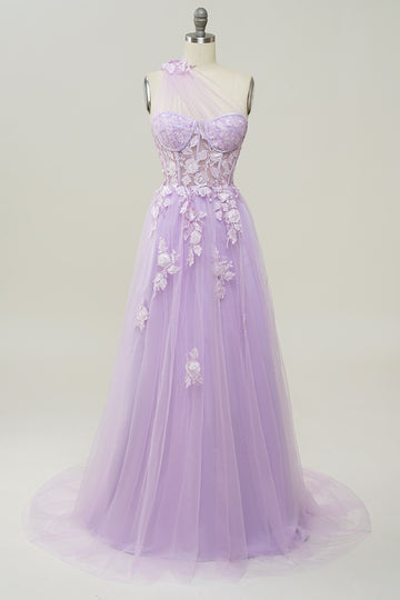 A Line One Shoulder Purple Long Formal Dress with Beading